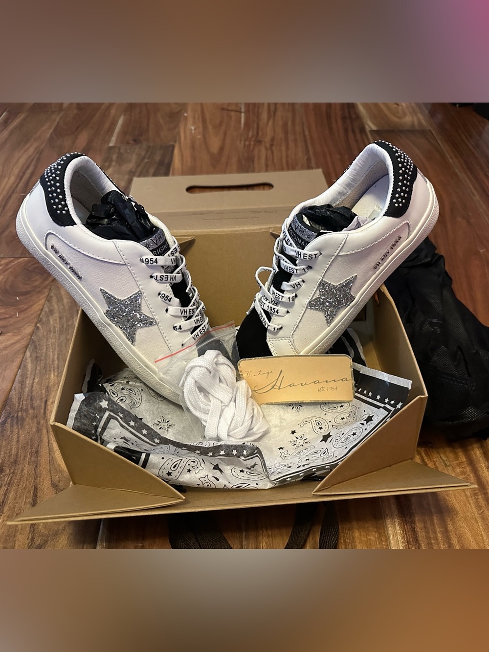 Vintage Havana White Leather Sneakers with Silver Glitter Star- New In Box